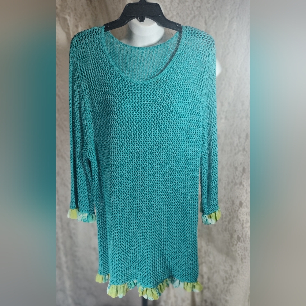SML Set Teal Knit Sweater Top with Fringe And Tank Top